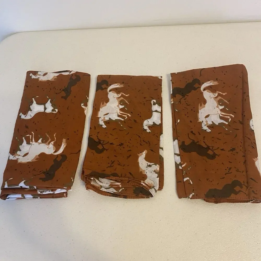 Setof3 Retro VTG Fabric Napkins Brown White Horses Cloth 20” FarmhouseCore